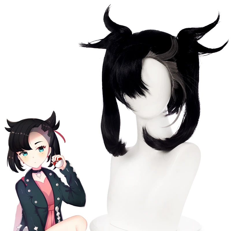 Парик для косплея из аниме Покемон меч и щит короткие черные серые двойные хвосты