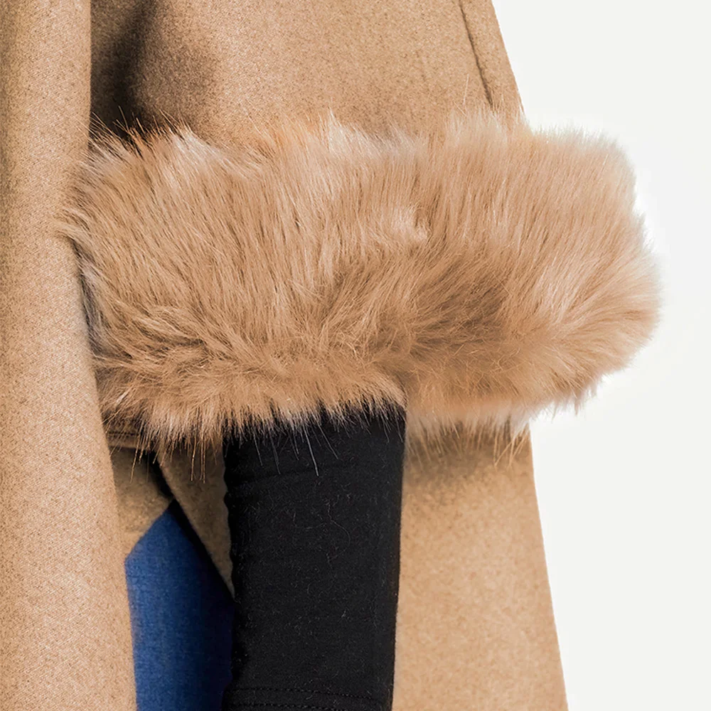 Женское длинное шерстяное пальто с воротником из искусственного меха элегантная