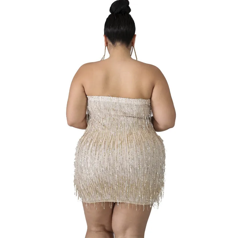 Adogirl Plus Size XL-5XL Women Tassel Sequins Strapless Mini Dress | Женская одежда
