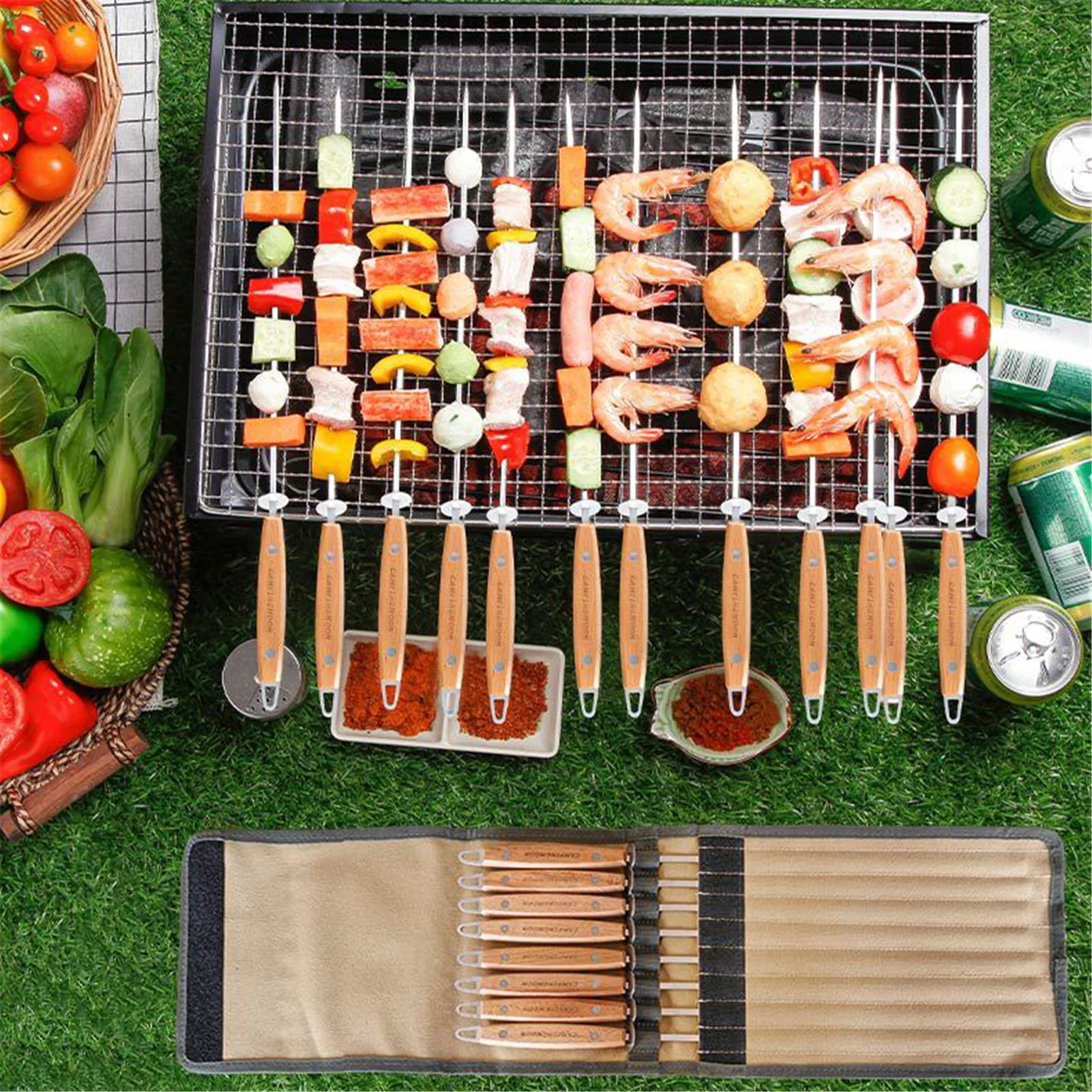 

8pcs Campfire Grilling Stick With Storage Bag Lightweight Wooden Handle BBQ Skewers Set Barbecue Fork Set Portable Barbecue Rods