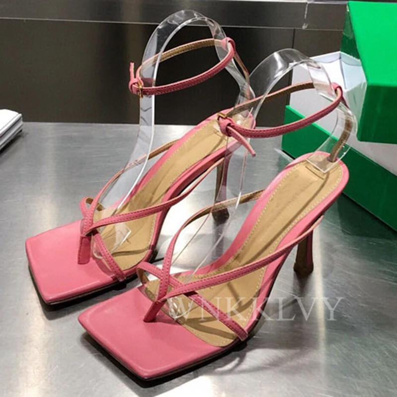 

Sexy Square Toe Narrow Band Sandals Women High Heel Summer Shoes Ankle Strap Real Leather Simple Sandals Candy Color Dress Shoes