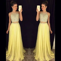 sexy two pieces prom dress yellow long chiffon formal special occasion dress party gown