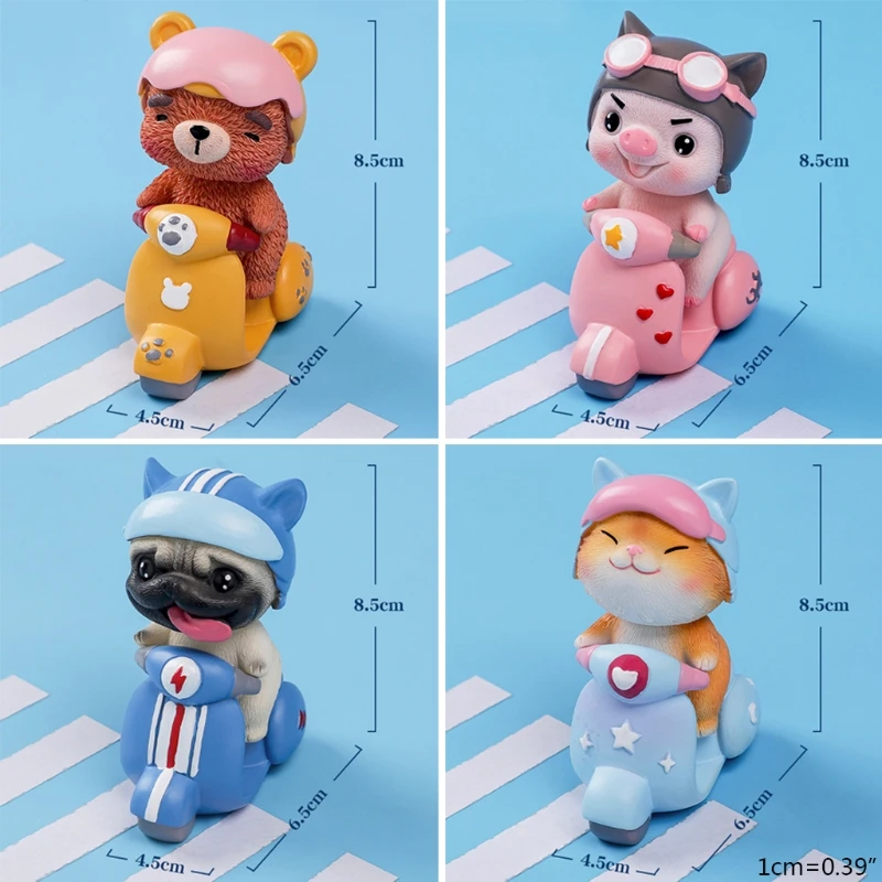 

Cute Cartoon Animal Resin Figurine Toy Funny Pig Bear Dog Cat Riding Little Motorcycle 3D Statue Ornament Car Home Decor