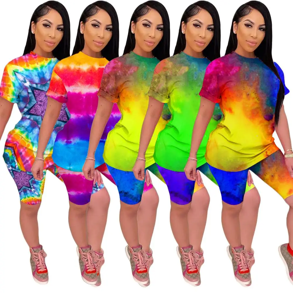 

Zh5182 fall 2020 fashion European and American women's fashion leisure short sleeve rainbow tie dyed shorts women's 2-piece suit
