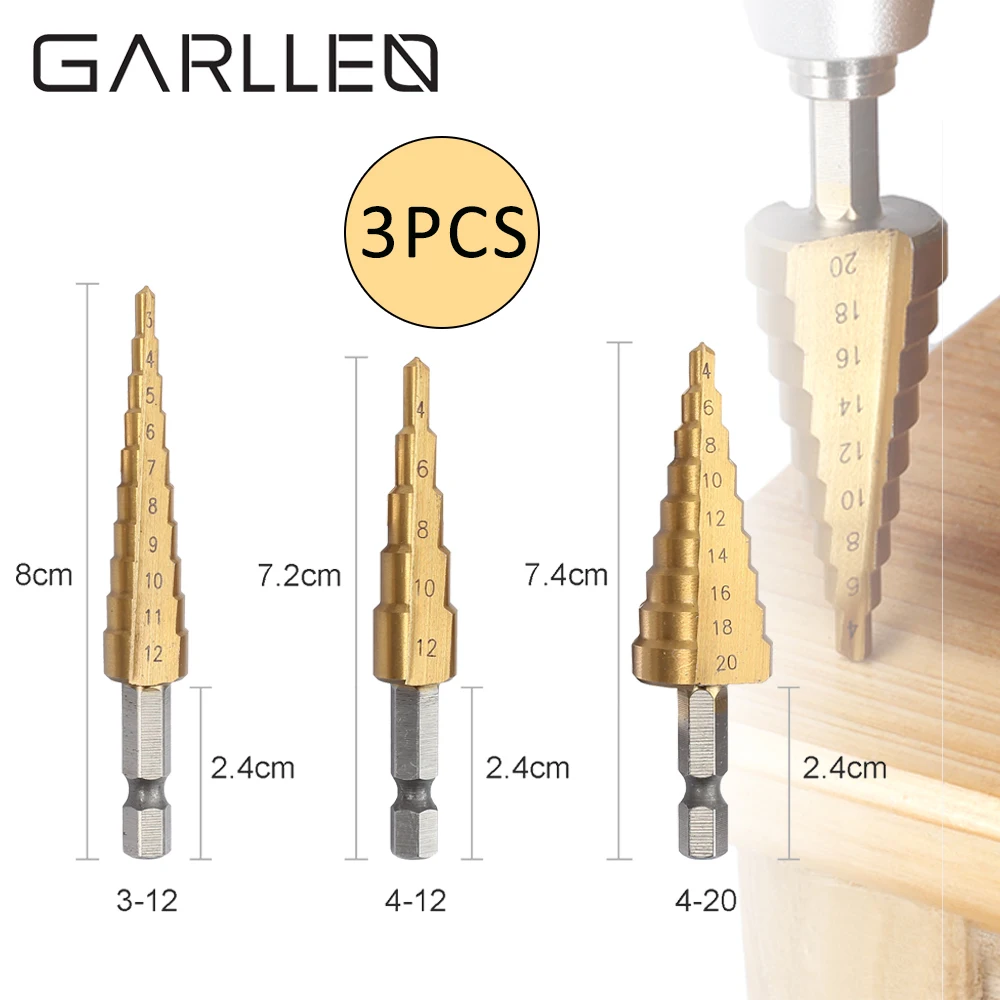 GARLLEN 3Pcs 3-12/4-12/4-20 mm HSS Steel Step Cone Drill Tools Hole Cutter Set Titanium Coated High Speed Drill Bit Metal Tool