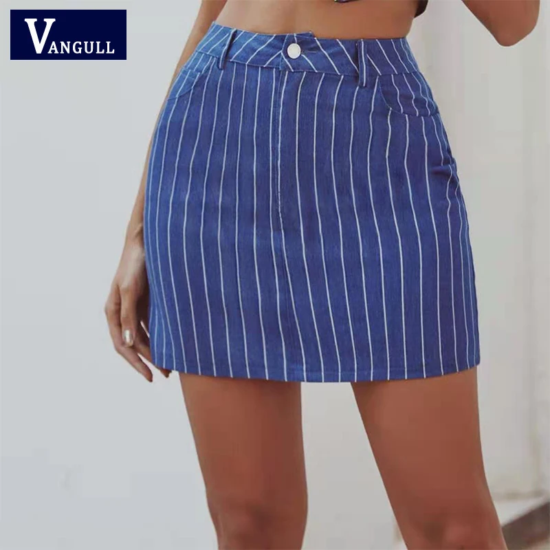 

Vangull, повседневная, ретро, сексуальная, дикая, полосатая, бедра, юбка с высокой талией, синяя, в полоску, мини, облегающая, на молнии, лето 2021, Но...