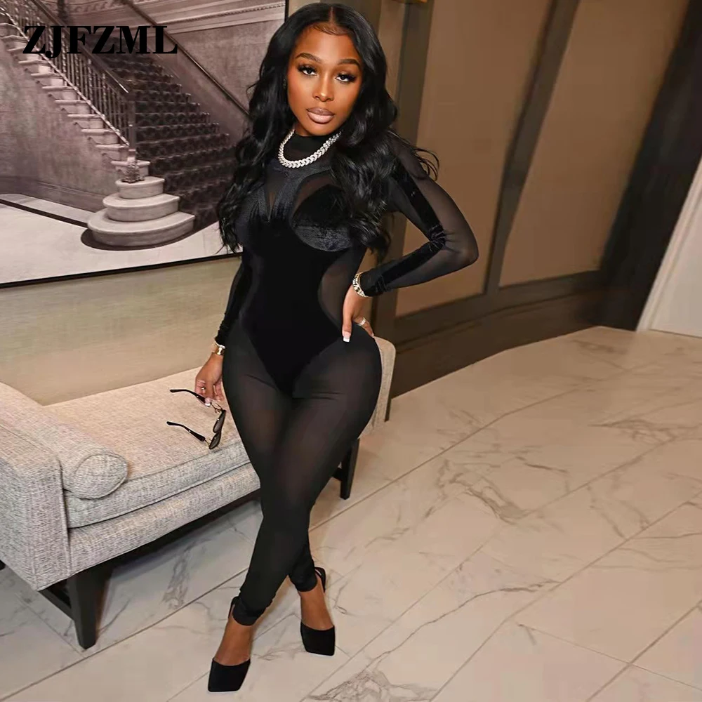 

High Quality Women's Mesh Velvet Party Jumpsuit Sexy Long Sleeve Half High Necked Skinny Romper Midnight See Through Bodysuits