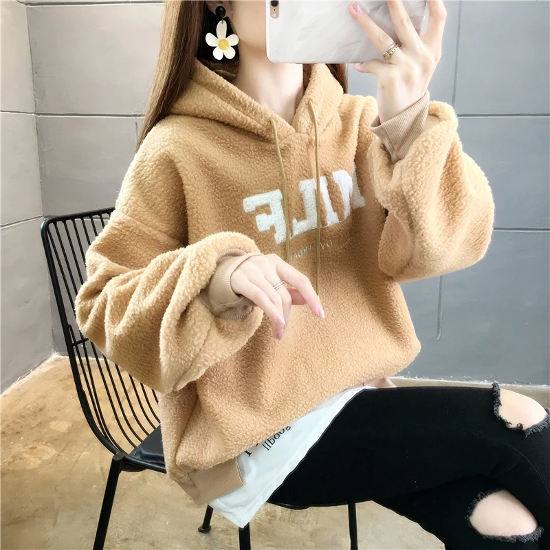 

Harajuku Patchwork Hoodies Women Lamb Wool Coat Fake Two-piece Hooded Sweatshirt Fleece Thick Warm Pullovers Blue Winter Clothes