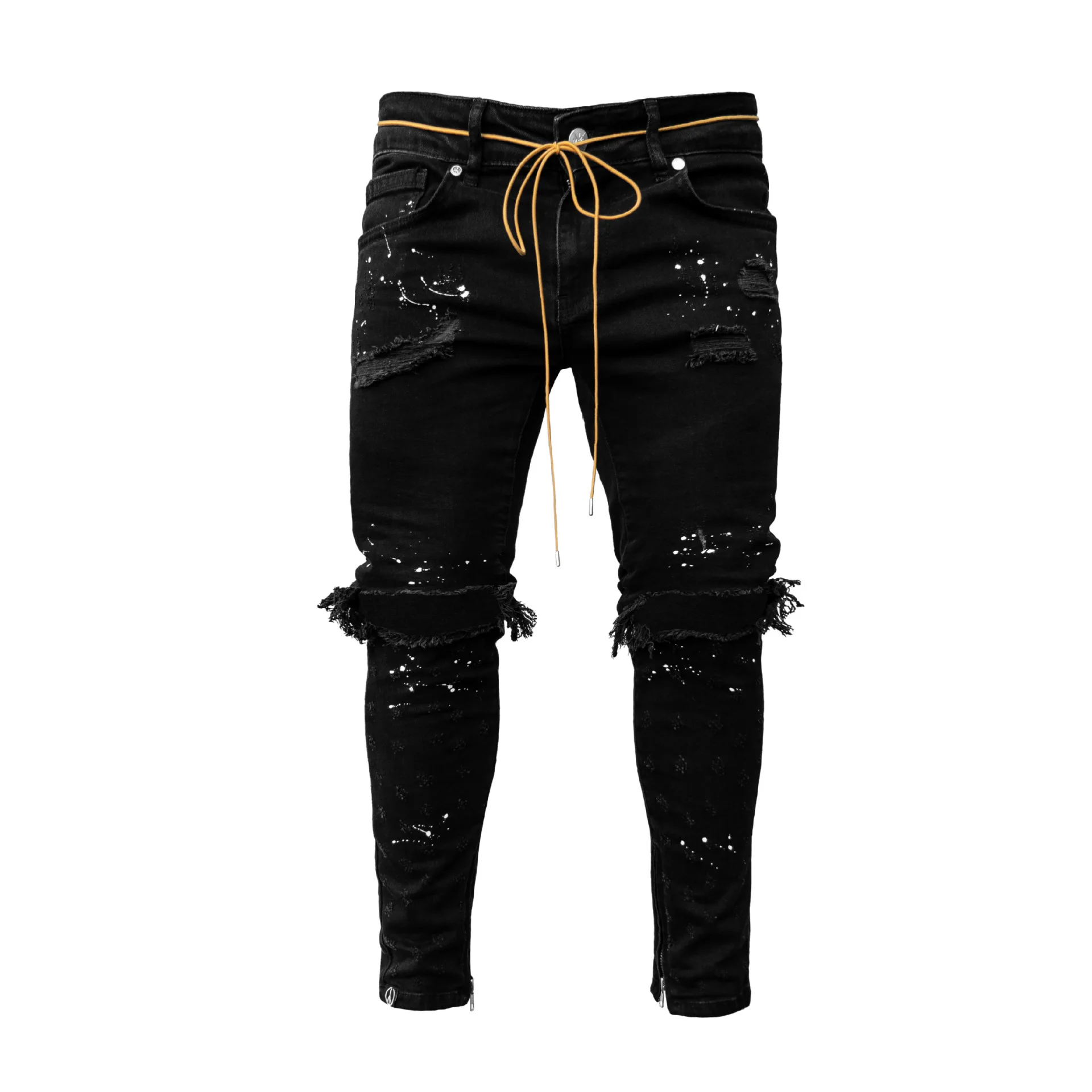 Men Jeans Pants Slim Fit Destroyed Frayed Skinny Black Jeans Hombre Fashion Ripped Hole Distressed Denim Trousers