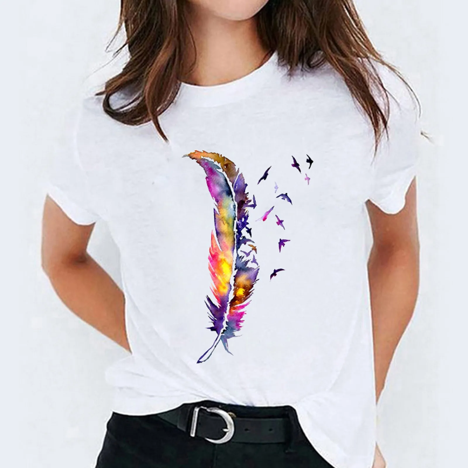 

Women's Summer T-shirts Multicolor Feather Pattern Printed Round Neck Tops Tshirts Ladies Short Sleeve Casual Tee Shirts Femme