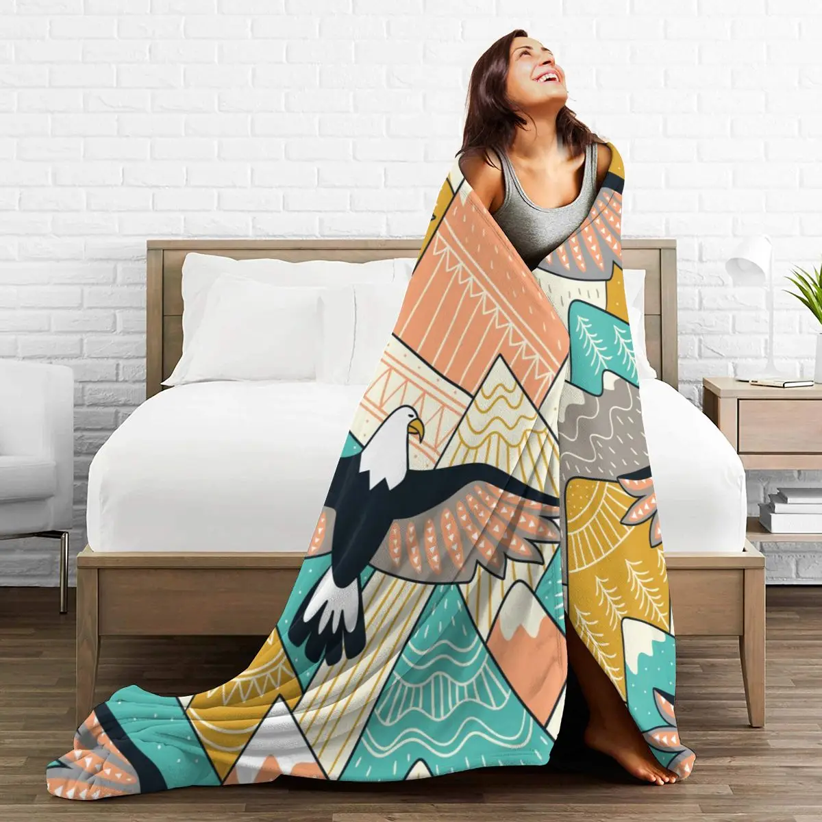 

Flannel Blanket Ethnic Mountains And Eagles Ultra-Soft Micro Fleece Blanket for Bathrobe Sofa Bed Travel Home Winter Spring Fall