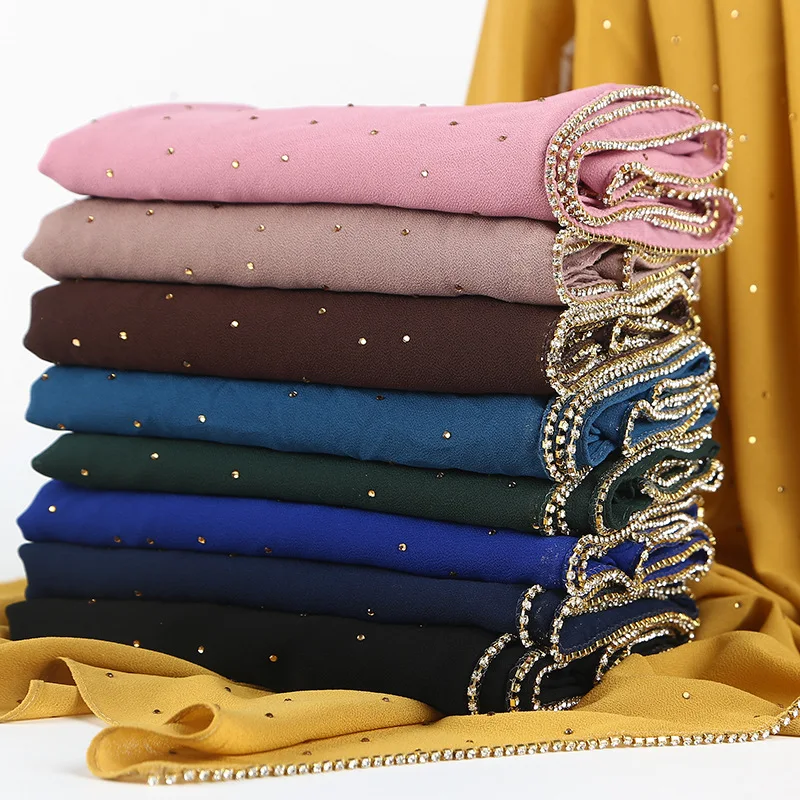 

HUISHI Scarf Women Hijab Plain Pearl Chiffon Scarf Wraps Printe Solid Inlaid Diamond Shawl Spring Summer Headband Muslim Hijabs