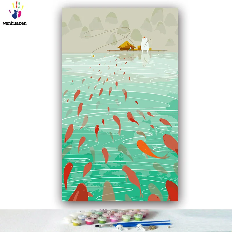 DIY картинки для раскраски по номерам с цветами Белый медведь пруд рыбалка картина