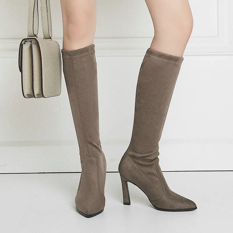 

Женские сапоги до колена, из флока, с леопардовым принтом, эластичные, на квадратном каблуке, без застежек, с острым носком, Осень-зима, 2019