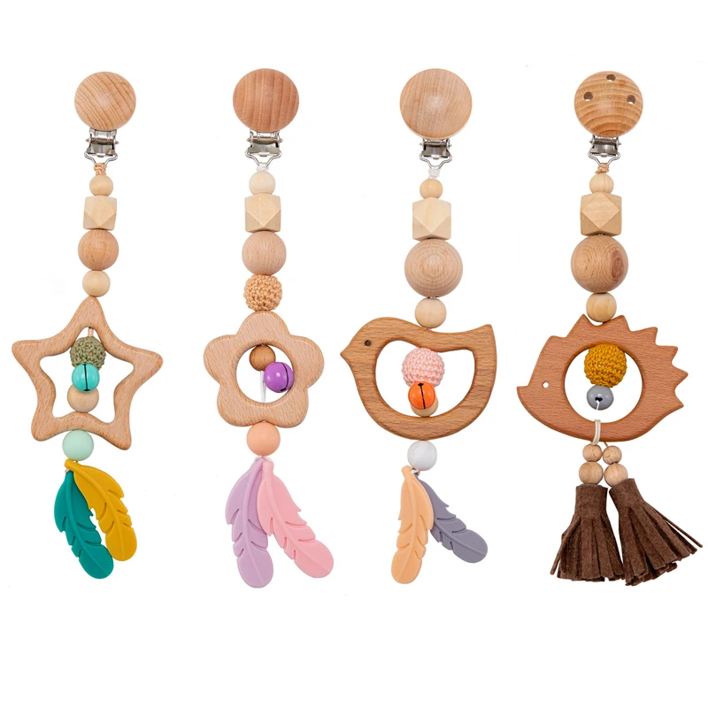 

1set Pacifier Chain Wooden Pram Clip Baby Mobile Crochet Star Bell Beech Wood Teething Toy Baby Pacifier Chain Chewable Rattle