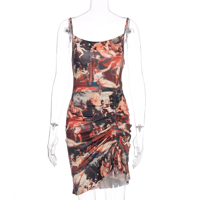 

Bangniweigou Sexy Backless Spaghetti Strap Oil Painting Ruched Dress Women Low Cut Angel Dragon Print Slip Robe Party Dress