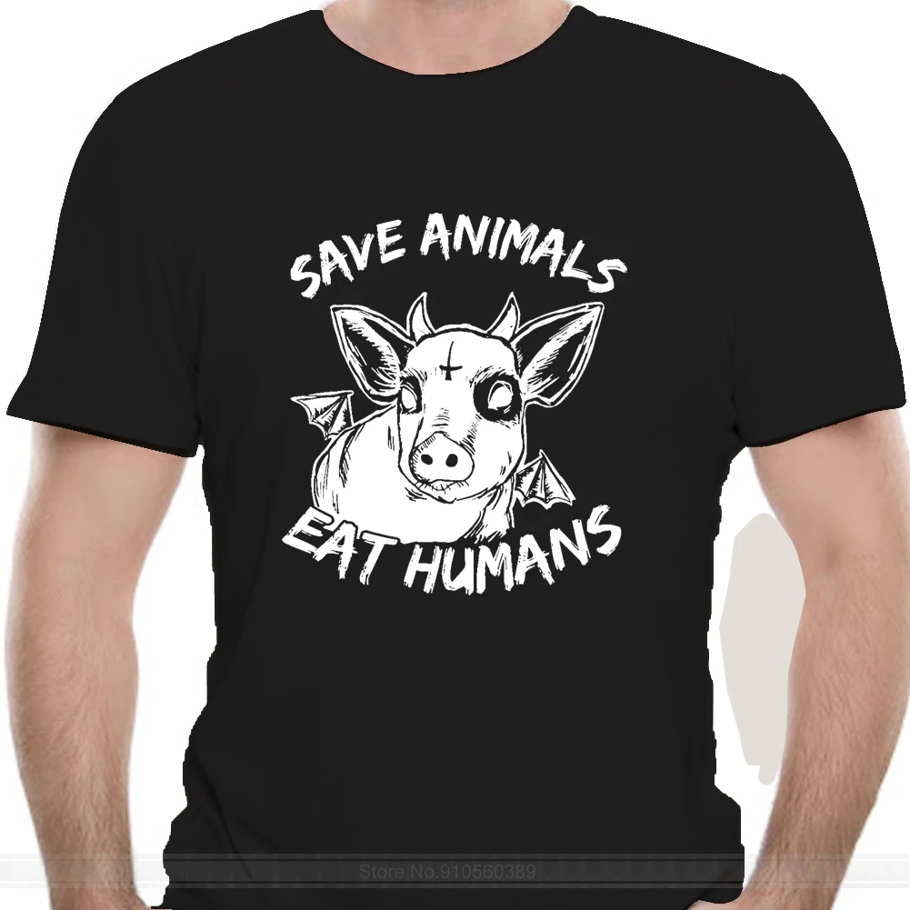 

Save Animals Eat Humans Evil Piggy Funny Black T-Shirt male brand teeshirt men summer cotton t shirt