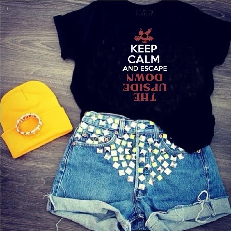 

Starqueen-JBH Keep Calm and Upside Dowm Funny T Shirt Women Cotton Short Sleeve T-shirt Top Tees
