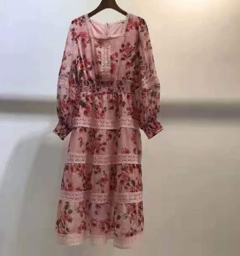 

Top Quality New 2022 Spring Summer Dress Women Sexy Square Collar Charming Rose Floral Print Lace Embroidery Long Sleeve Dress