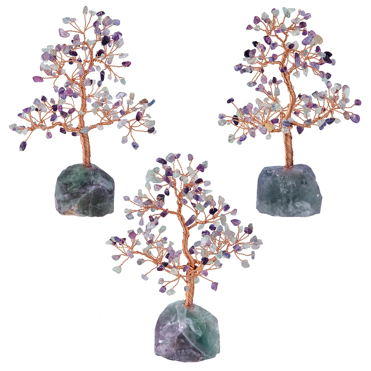 TUMBEELLUWA 7''Chakra Healing Crystal Copper Money Tree,Natural Rough Stone Base Crystal Tree Feng Shui Luck Figurine Decoration