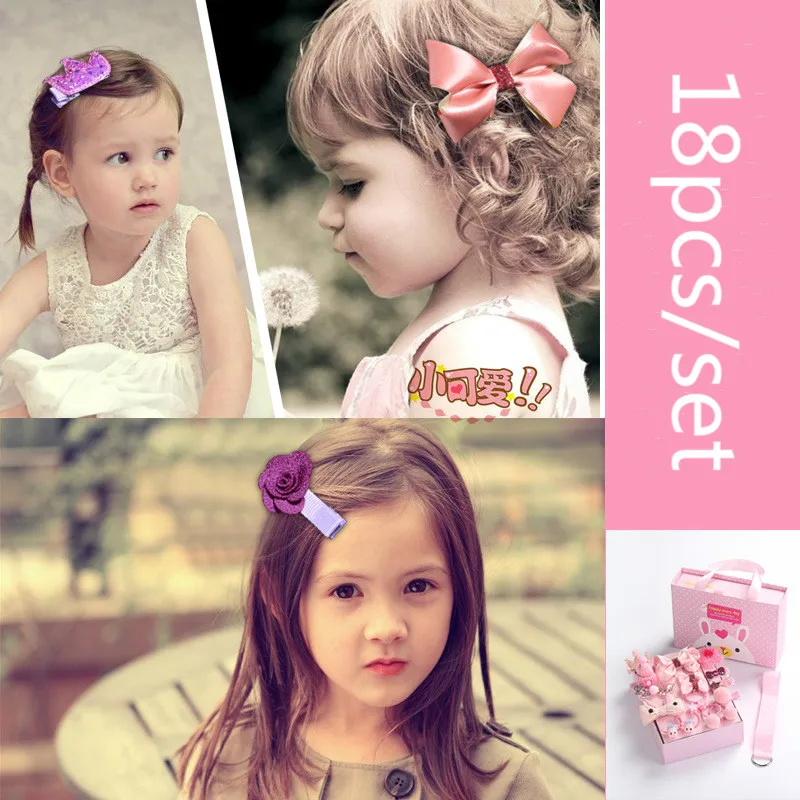 18 Pcs/Box Children Cute Hair Accessories Set Baby Cartoon Fabric Bow Flower Hairpins Barrettes Hair clips Girls Headdress Gift