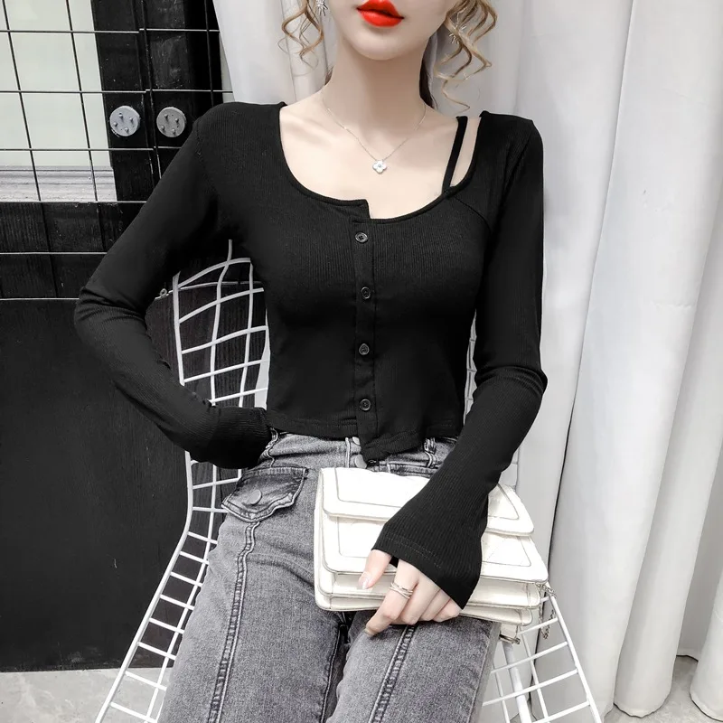 

Новинка Весна 2021, сексуальная трикотажная одежда без бретелек с длинным рукавом, Женская Базовая рубашка, маленькая рубашка, Укороченный ка...