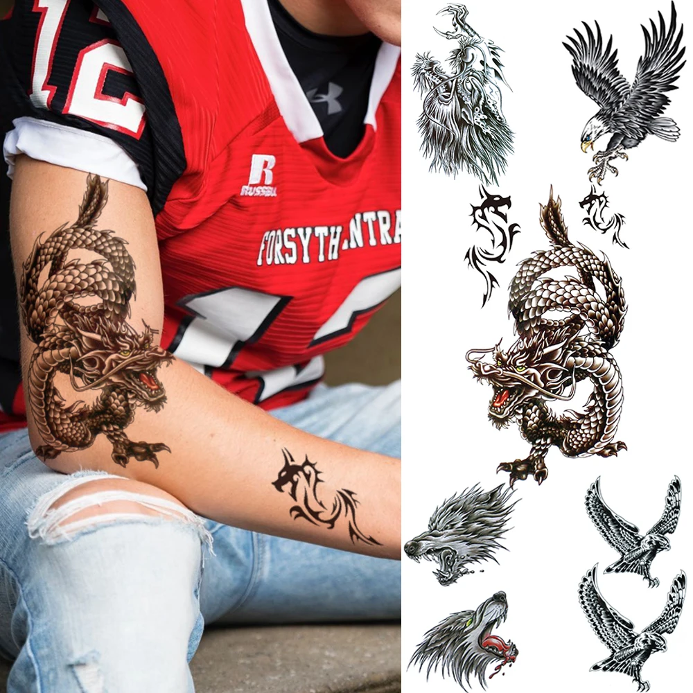 

Ferocious Dragon Temporary Tattoos For Men Women Creative Eagle Tattoo Sticker Body Arm Unique Faucet Water Transfer Tatoo Sheet