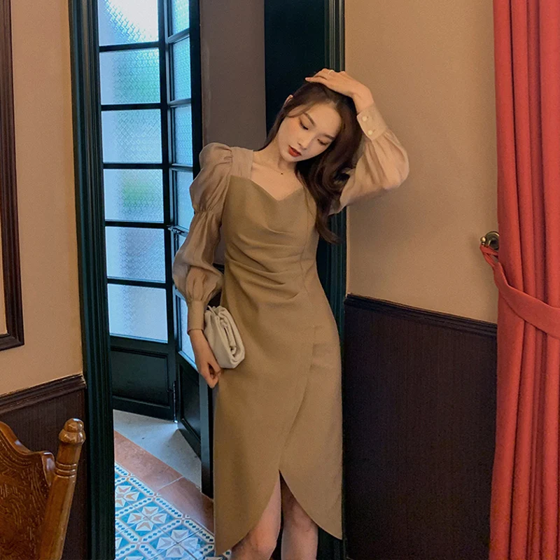 

French Style High Sense Scheming Dress Retro Minority Design Sense Niche Puff Sleeve Overknee Dress 2021 New