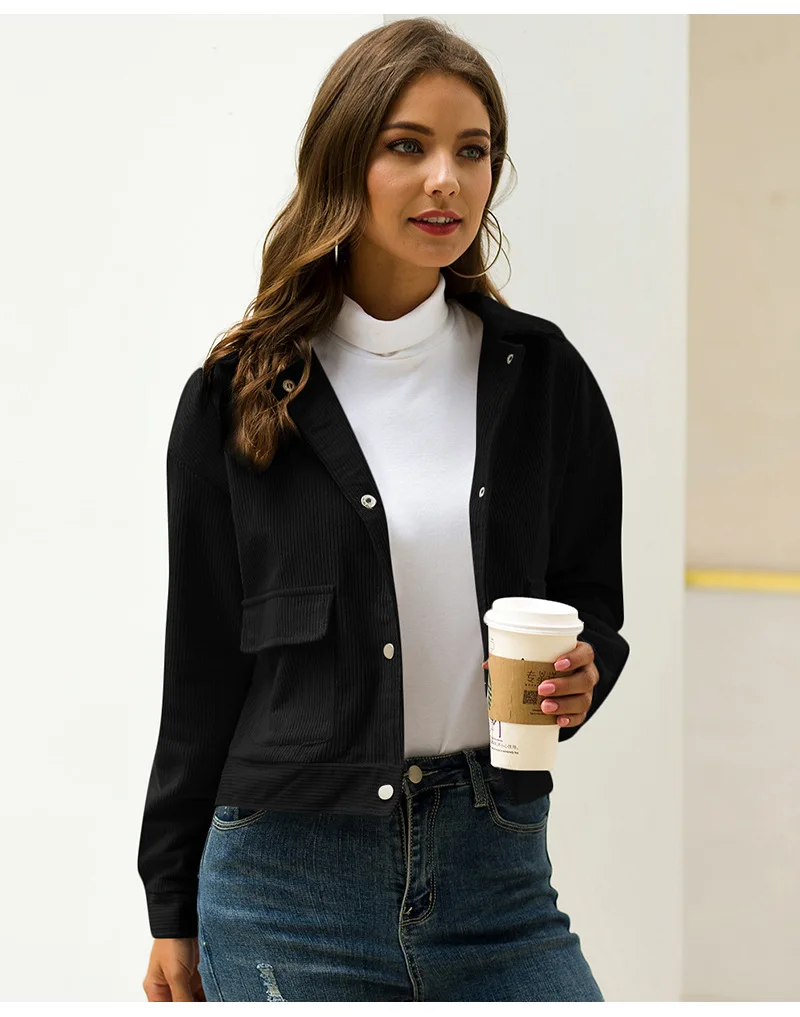 

Corduroy Cropped Jacket Autumn Women Cotton Short Coat Fashion Turndown Collar Single Breasted Pocket Long Sleeve Winter Top 2XL