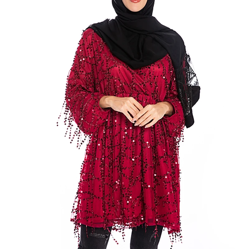 Red Tops Abaya Дубай Турецкий Арабский Топ Mujer мусульманские блесток Длинные женские топы Исламская одежда Vetement Femme Musulmane Ropa Musulmana Mujer - Цвет: Red Tops