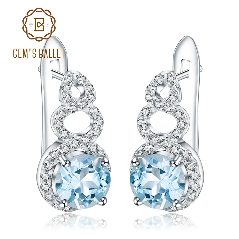 Женские серьги клипсы с натуральным небесно голубым топазом из стерлингового