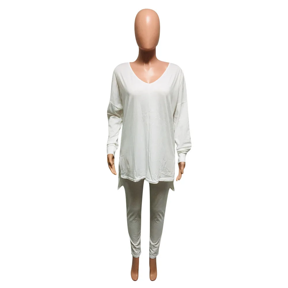 

Active Wear Workout Tracksuit Women's Set Deep V-neck Long Sleeve Loose Tops and Skinny Legging Autumn Casual 2pcs Matching Set