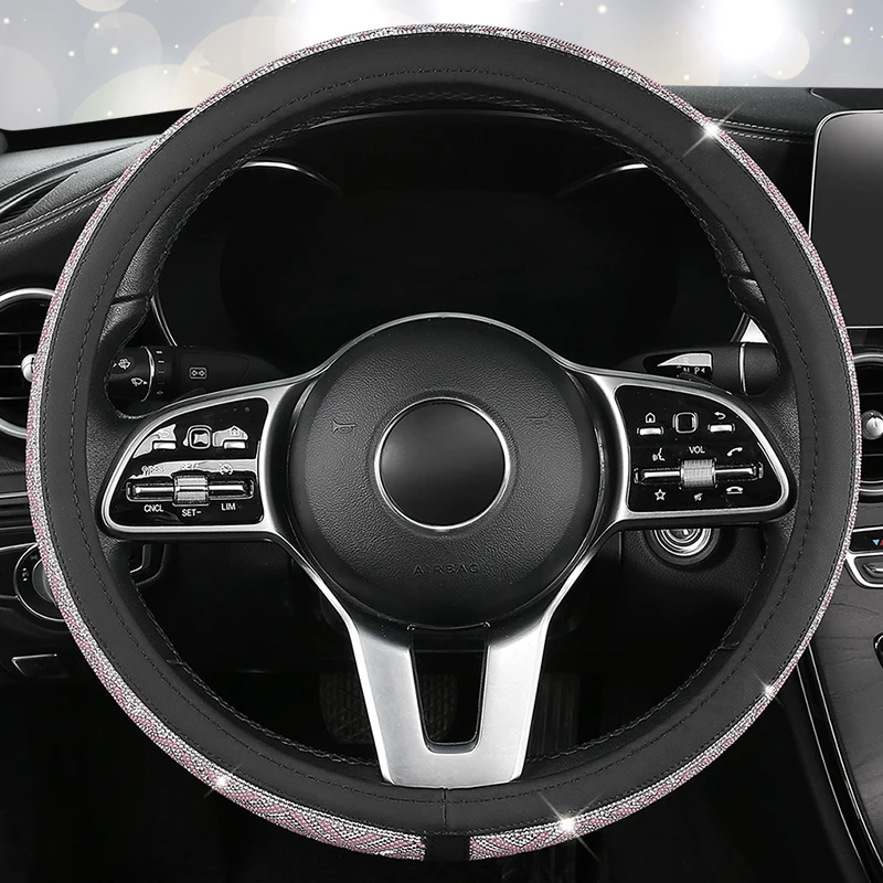 

Fashion Diamond Car Steering Wheel Cover Bling Bling Rhinestones PU Steering Wheel Protector Car Accessories for Lady Girls 38cm