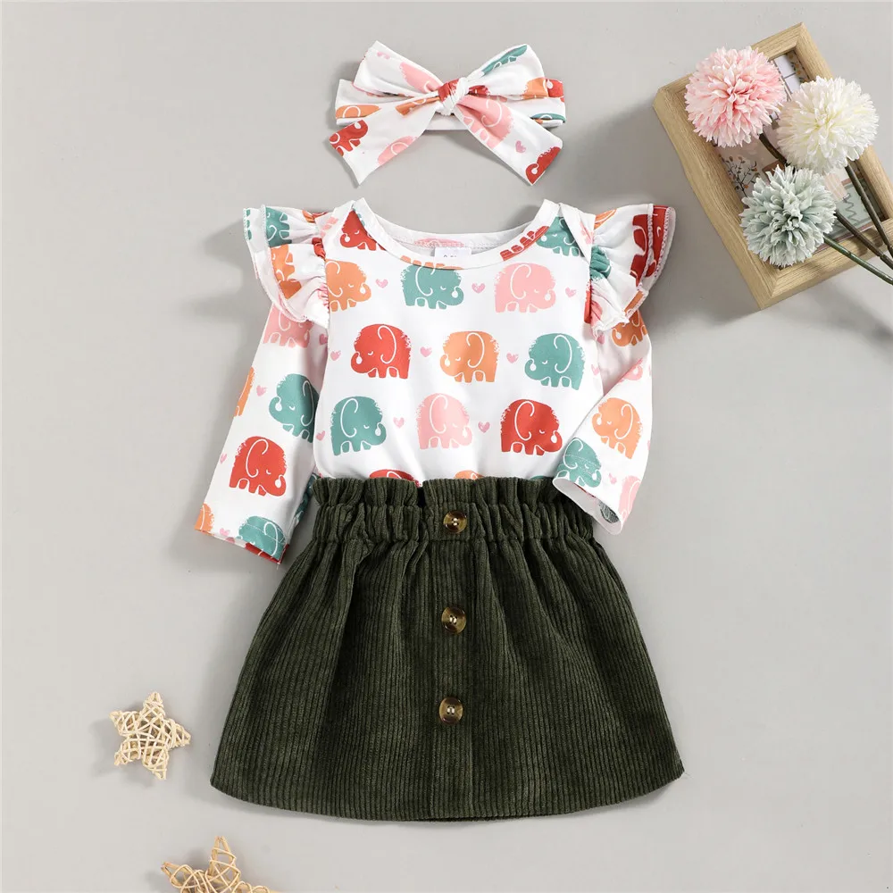 

Newborn Baby Girl Three Piece Suit Autumn Cute Colorful Cartoon Elephant Long Sleeve Romper And Corduroy Skirt With Headband