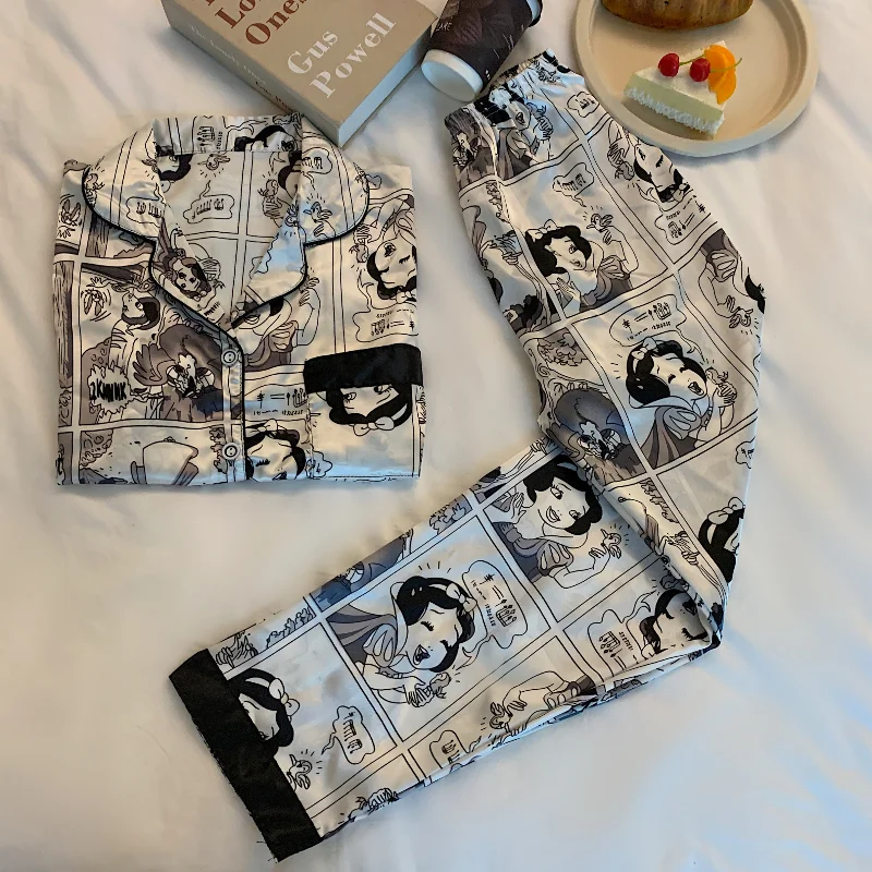 Disney Cartoon Snow White Short Sleeve Silk Pajamas Autumn Women Pajama Sets Silk Pijama Suit Sleepwear Pyjamas Nightwear Set