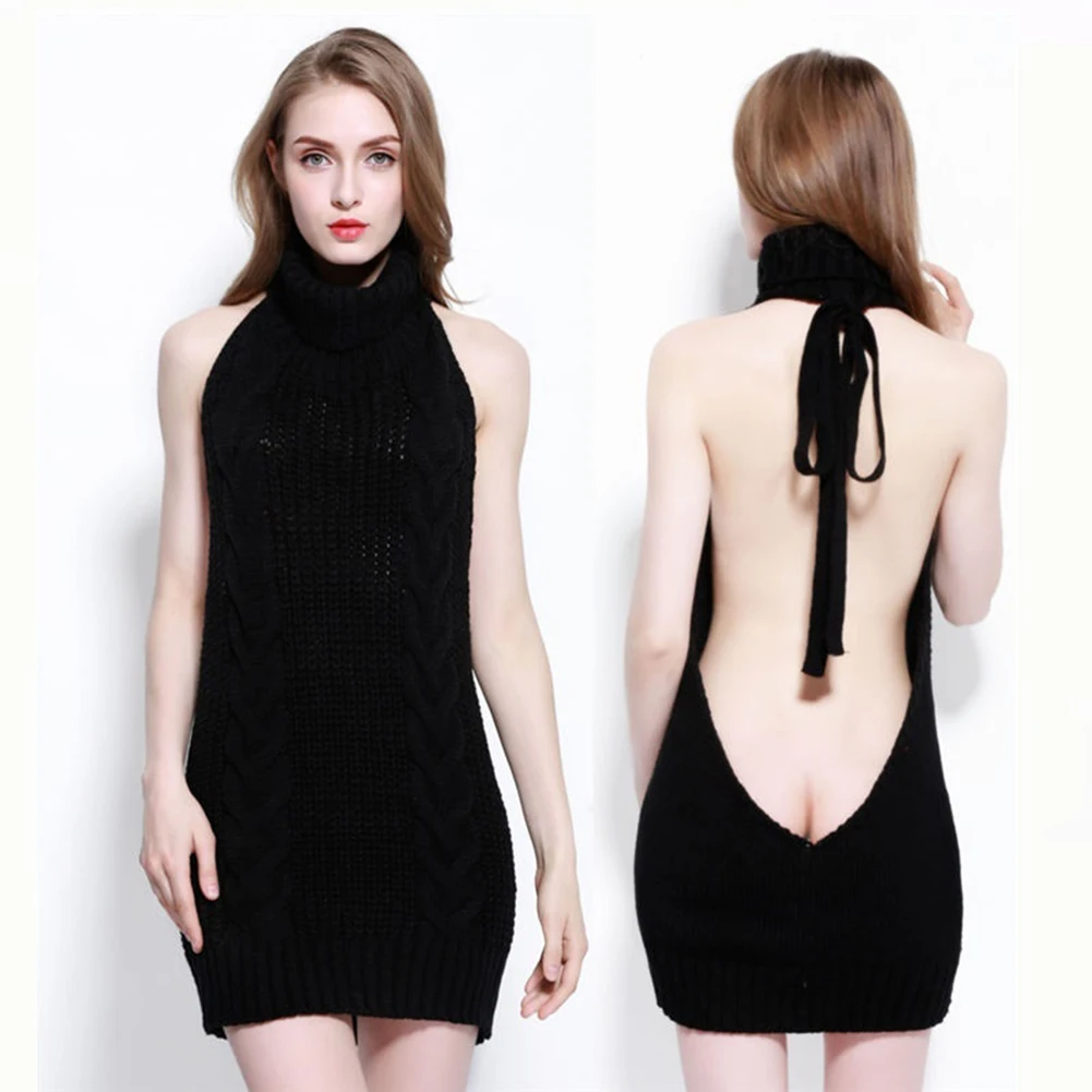 Женское платье с открытой спиной водолазка без рукавов вязаный свитер вечерние