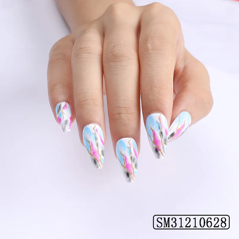 

Nails 24pcs Color Blooming Nail Patch Glue Type Removable Long Paragraph Fashion Manicure Save Time False Nail Patch FRE-Drop