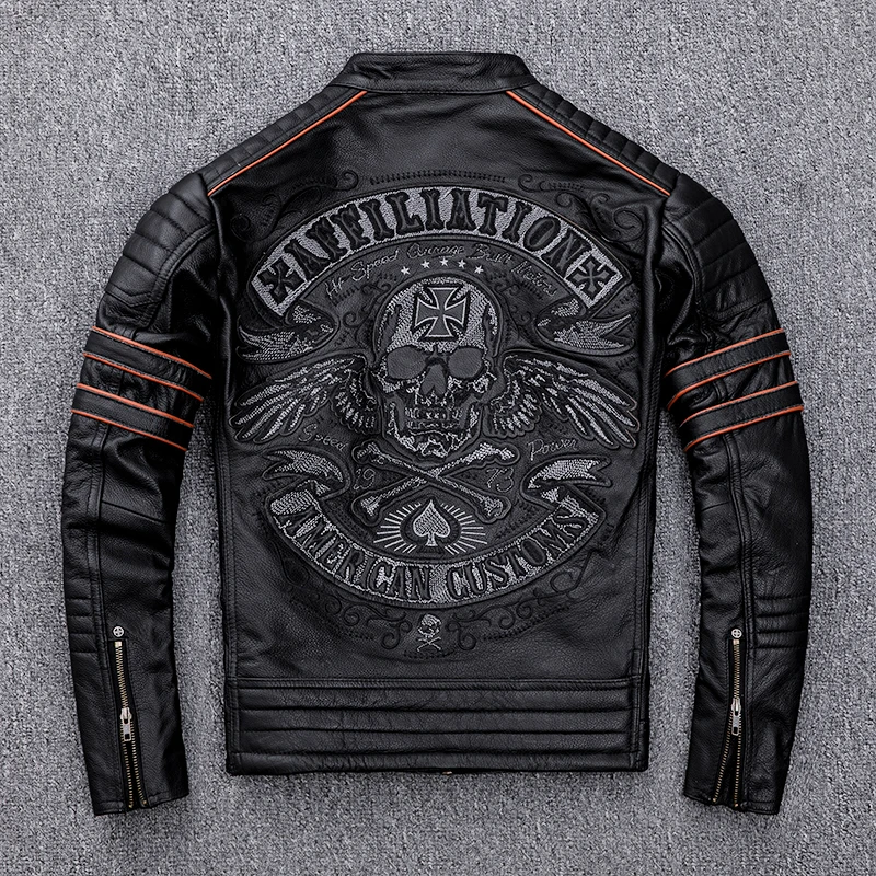 Black Men Skulls Embroidery Motorcycle Leather Jacket Plus Size XXXXL Genuine Cowhide Spring Slim Fit Biker's Leatther Coat