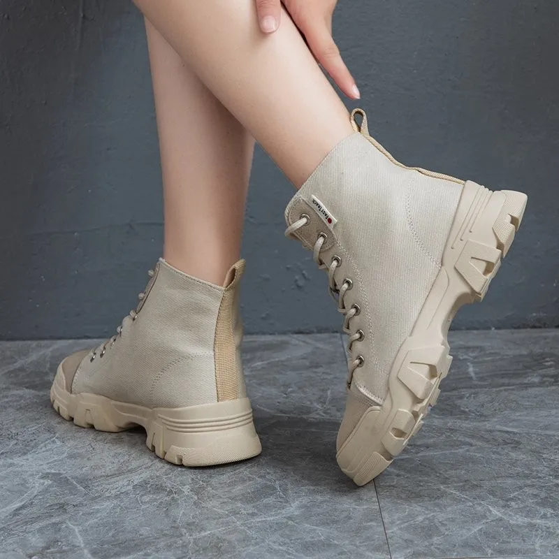 

High-top Lace-up Canvas Shoes Women 2021 New Winter Wild Pure Color Casual Women's Shoes Tide Shoes Women's Shoes