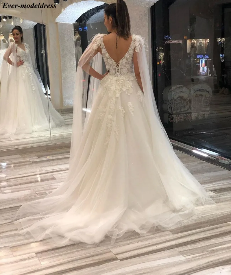 Long Streamer Feather Wedding Dresses V Neck Lace Up Back Appliques Tulle Dress For Bride Wedding Gowns vestidos de novia 2021