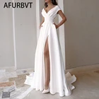 Платье Свадебное женское с V-образным вырезом, модное ТРАПЕЦИЕВИДНОЕ белое платье с коротким рукавом и разрезом, с карманами, 2021