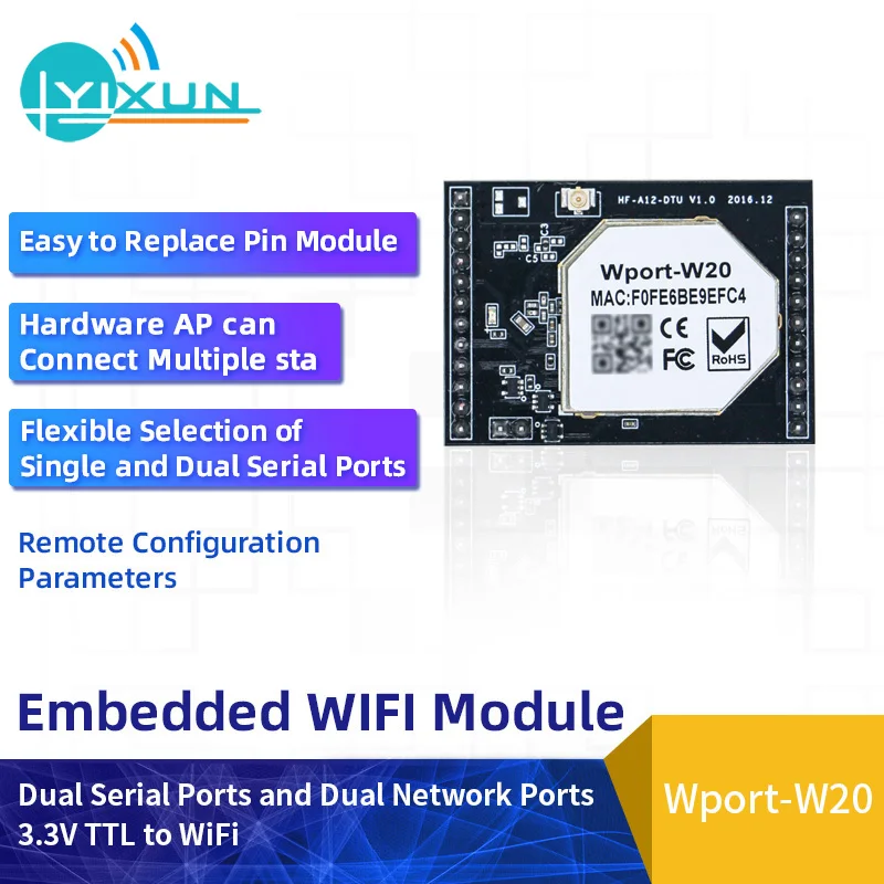 

Dual Serial Ports Embedded WiFi Module HF Wport-W20 Multiple sta Encrypted Data 3.3V TTL to WiFi Module