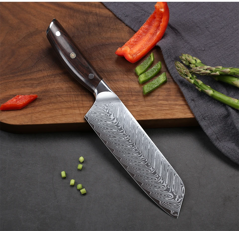TURWHO, 7 дюймов, японские ножи шеф-повара, дамасская сталь, ножи Santoku, для мяса, фруктов, овощей, Профессиональный кухонный нож