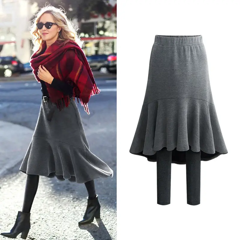 2021 Fall Winter High Rise Women's Leggings Velvet Band Skirt Fake Two Pieces Fishtail Skirt Thermal Culottes Woman Stacked