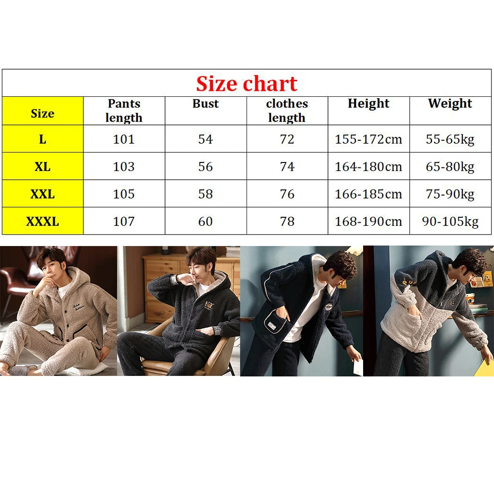 Winter Warm Hooded Pajama Sets Double Sides Thick Flannel Antistatic Male Pajamas Soft Elastic Waist Long Pants Plus Size Pijama