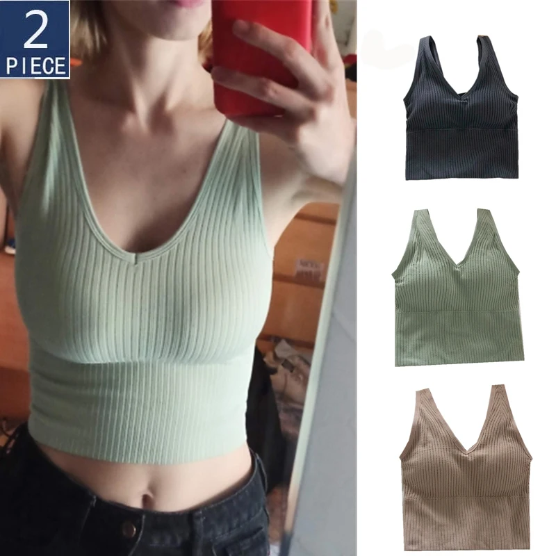 

2Pcs Women Woven Wrapped Top Seamless Chrleisure Sexy Push Up Bra Pad Wireless Underwear Sleeveless Bralette Tanks Lingerie