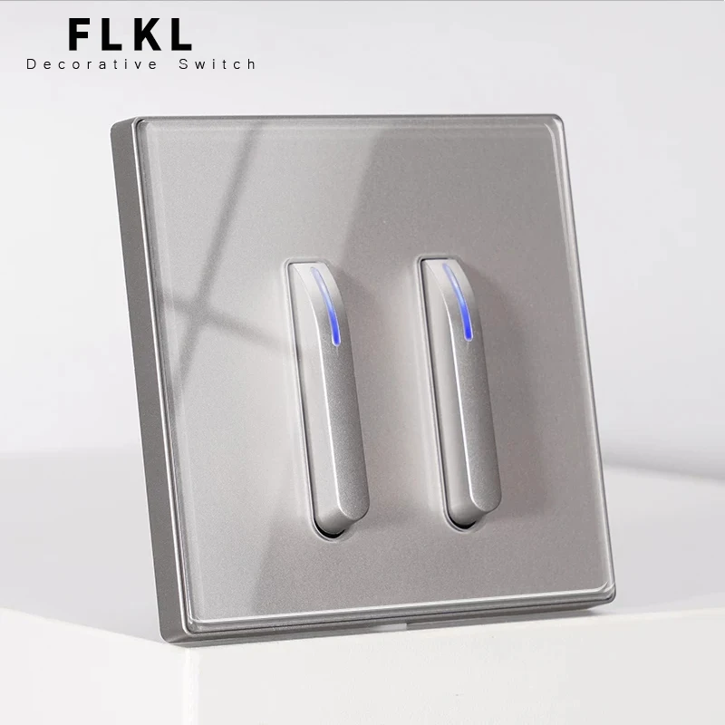 

FLKL Wall Light Switch LED Indicator Gray Tempered Glass Piano Key Design Button Switch European French Socket USB 1/2/3/4 Gang