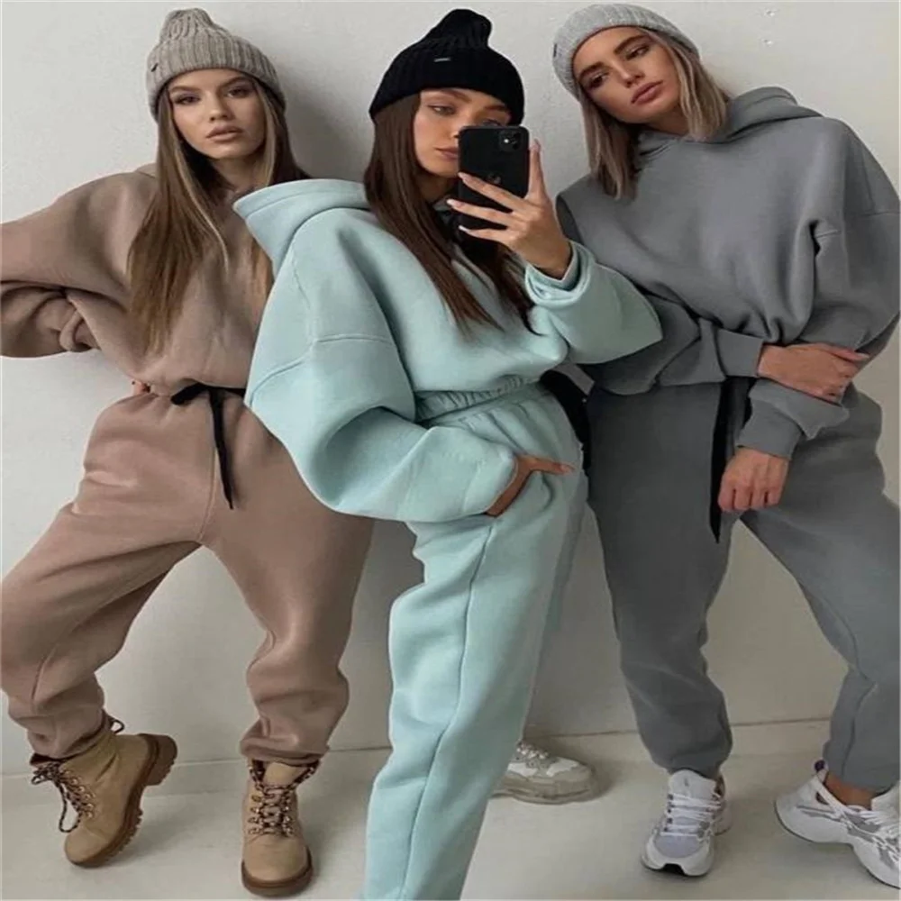 

Two Piece Set Women 2x Autumn Winter Fashion Solid Hooded Sweater Casual Two Piece Suit Free Shipping Women Fleece Tracksuit