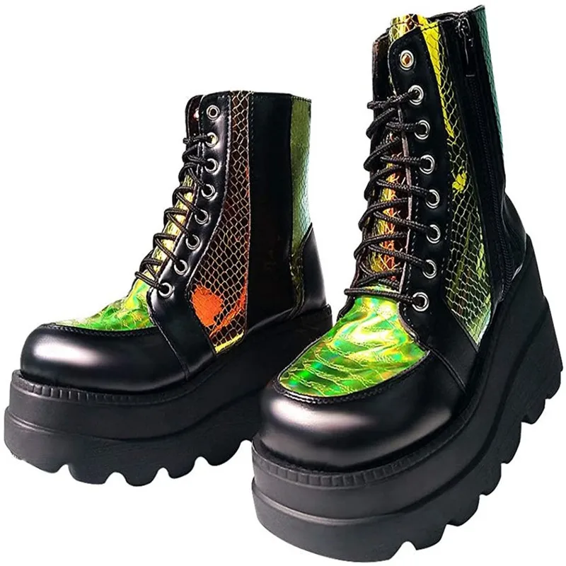 2022 Brand Ladies Fashion Punk Chain Platform Ankle Boots Cross Tied Zip Wedges High Heels Women Goth Street Shoes Woman | Обувь