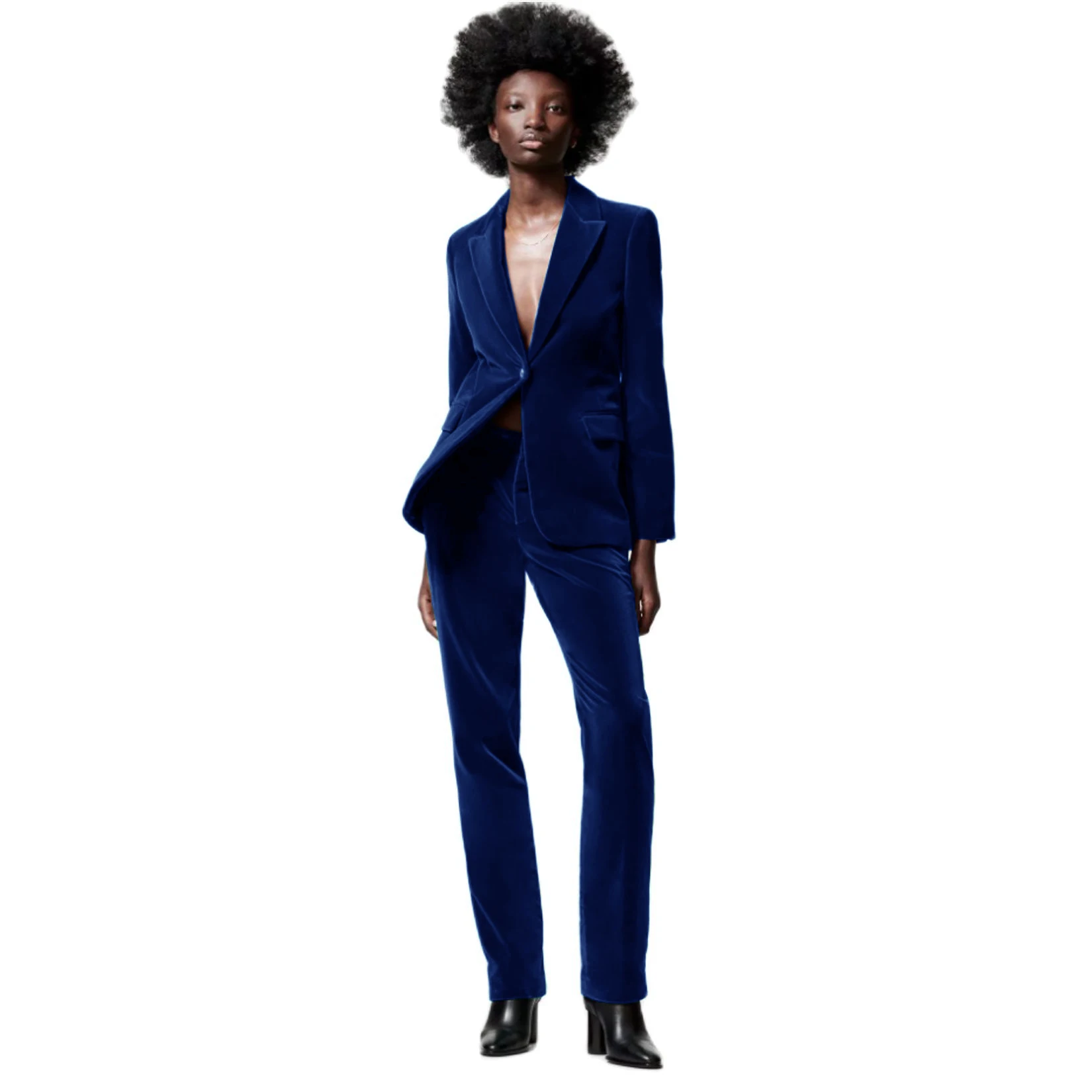 Women's 2-Piece Velvet Suit Business Work Wear Office Slim Fit Jacket Warm Blazer + Pants Set
